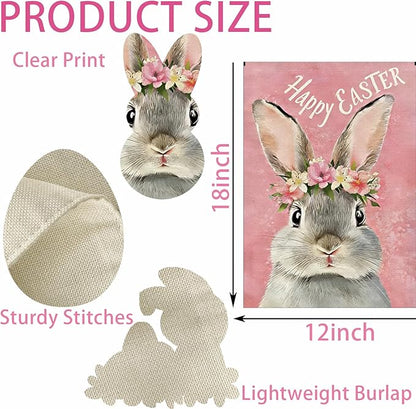 1Pcs Happy Easter Garden Flag, Cute Bunny Garden Flags 12x18 Double Sided, Flower Rabbit Vertical Flag, Spring Holiday Yard Flags, Pink Small Garden Flags for Outside Yard Lawn Easter Decorations