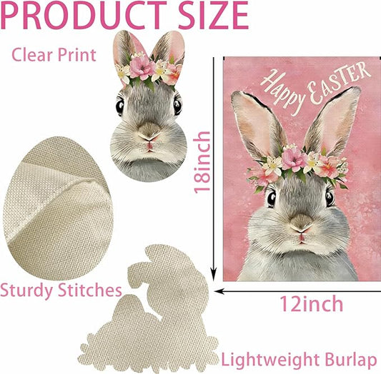 1Pcs Happy Easter Garden Flag, Cute Bunny Garden Flags 12x18 Double Sided, Flower Rabbit Vertical Flag, Spring Holiday Yard Flags, Pink Small Garden Flags for Outside Yard Lawn Easter Decorations