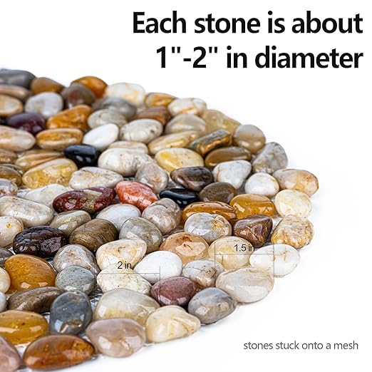 Natural River Rock Stepping Stones for Garden Walkway - Round Pebble Paver Mats with Mesh Backing - Decorative Outdoor Pathway Stones for Lawn, Backyard, Patio, and Landscaping (6 Pack, 9 Inch)