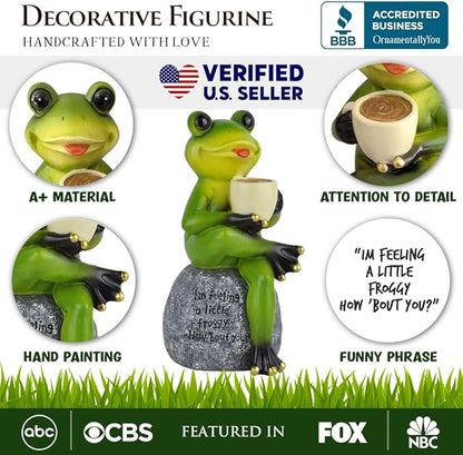OrnamentallyYou Spring & Summer-Themed Garden Statues – Adorable Outdoor Decor for Lawn, Patio & Porch (Coffee Drinking Frog Garden Statue with Funny Quote)