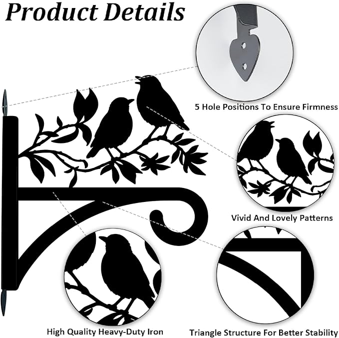 Bird Plant Hanger Iron Plant Brackets 10.6 x 11.3 Inch Black Tree Leaf Animal Silhouette Indoor Outdoor Decorative Basket Wall Mounted Hanging Bracket for Porch Garden Wind Chime Lantern