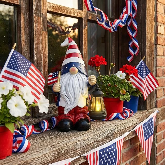 TERESA'S COLLECTIONS 4th of July Gnome Decorations with Solar Lantern, Memorial Day Decorations Resin Patriotic Garden Gnome Holding American Flag, USA 250th Anniversary Independence Day Gift 10"
