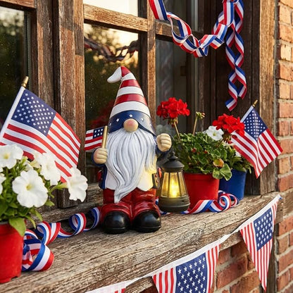 TERESA'S COLLECTIONS 4th of July Gnome Decorations with Solar Lantern, Memorial Day Decorations Resin Patriotic Garden Gnome Holding American Flag, USA 250th Anniversary Independence Day Gift 10"