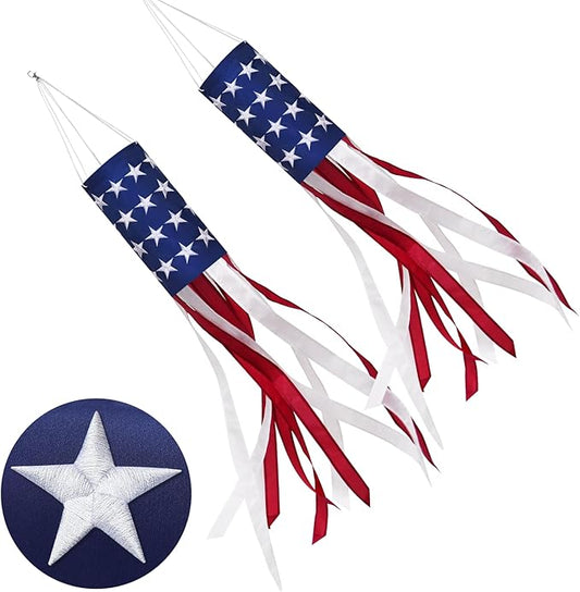 4th of July Decorations Outdoor - 2 Pack Embroidered Wind Socks for Outside Heavy Duty American Flag Windsock, for Memorial Day Independence Day & All Patriotic Events Outdoor Yard Garden Decor