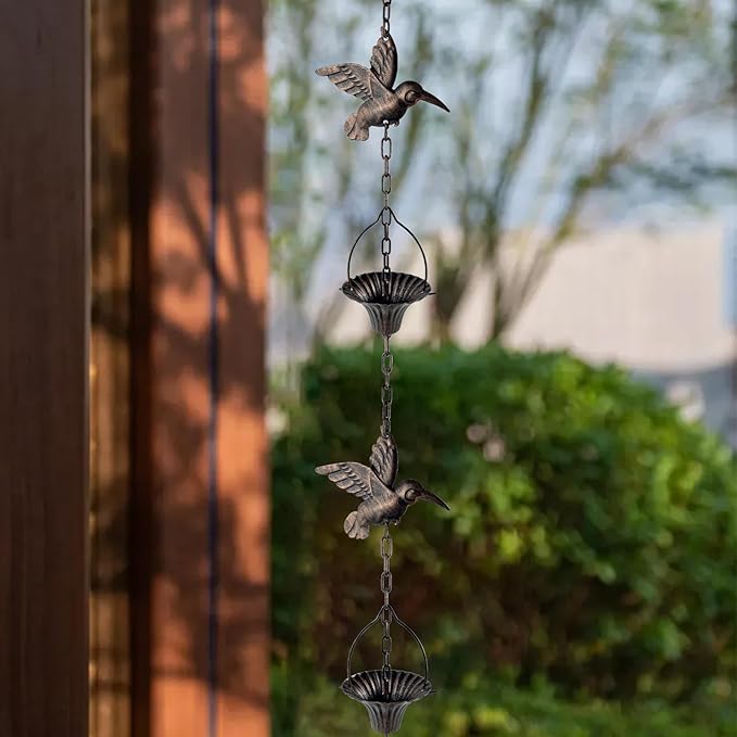 Lotus Rain Chain, 6.5FT Rain Chain Gutters, Adjustable Rain Catcher Chain with 10 Cups, Rain Chain Downspouts for Outdoor Gutter (Hummingbird)