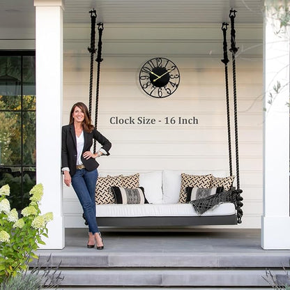Large Outdoor Clock Silent Battery Operated, 16 Inch Metal Decorative Clock for Patio, Pool Area, Garden, Deck, Modern Black Farmhouse Wall Clock for Kitchen, Living Room, Bathroom