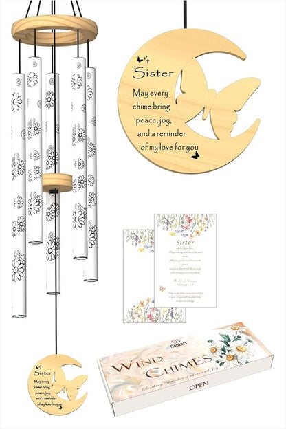 Sister Gifts, Sister Birthday Gift from Sister, 32" Daisy Print Modern Wind Chimes with Butterfly Pendant, Best Sister Ever Gift for Women Birthday Wedding Mother's Day (for Sister)