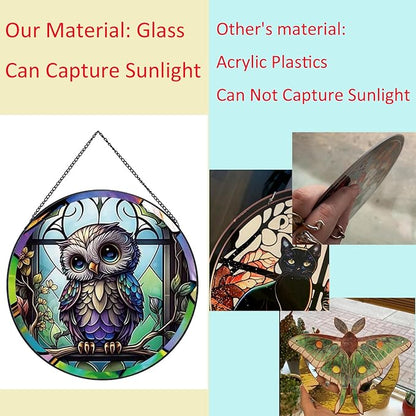 Baby Owl Suncatcher Stained Glass,Hanging Stained Glass for Windows for Animal Lovers,20cm/7.87inch Hand-Painted Sun Catcher Garden Hangings Ornaments Halloween Fall Christmas Decor for Home