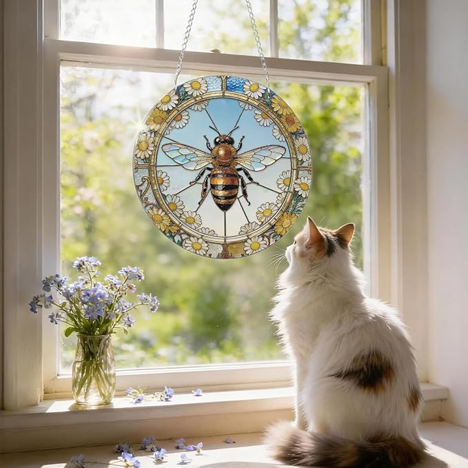 Acrylic Window Hanging, Bee Flowers Yellow Suncatcher Window Doors Home Decoration, Christmas Ornament, Birthday Gifts for Garden Lover