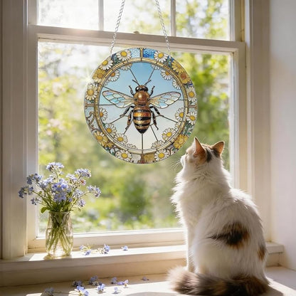 Acrylic Window Hanging, Bee Flowers Yellow Suncatcher Window Doors Home Decoration, Christmas Ornament, Birthday Gifts for Garden Lover