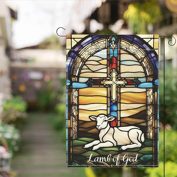 Lamb of God Easter Garden Flag Catholic Stained Glass Christian Easter Garden Flag Decor Spring Double Sided House Flag for Outside Yard Decorations 12×18 Inch