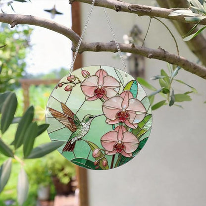 Hummingbird Flower Botanical Suncatcher for Windows Hanging, Beautiful Window Door Decoration, Home Garden Decors, Birds Lover Gift, Mother's Day Christmas Festival Gift for Women Men