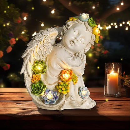 Solar Cherub Angel Outdoor Garden Decor Statues - 8 inches Angel Figurines Outdoor Sculptures with Succulent, Garden Statues for Outside, Patio, Balcony, Lawn Ornaments or Housewarming Gift
