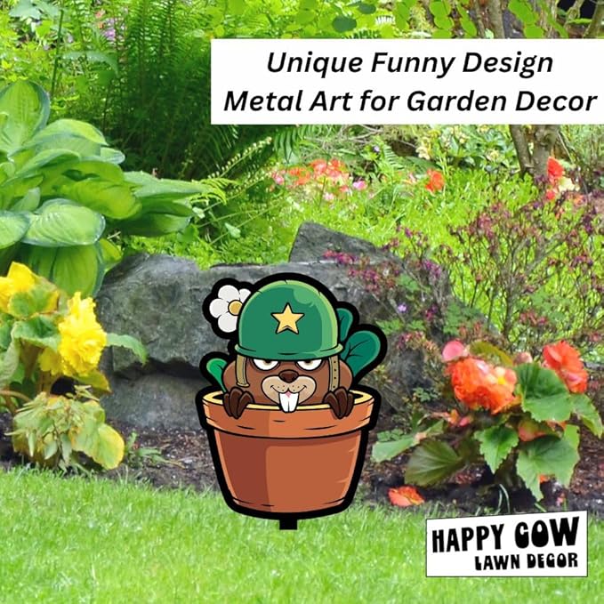 Garden Outdoor Small Metal Art 7"x 6" Weather Resistant Lawn Ornaments Sturdy Stakes Yard Sign Decoration for Patio (Beaver with Army Helmet)