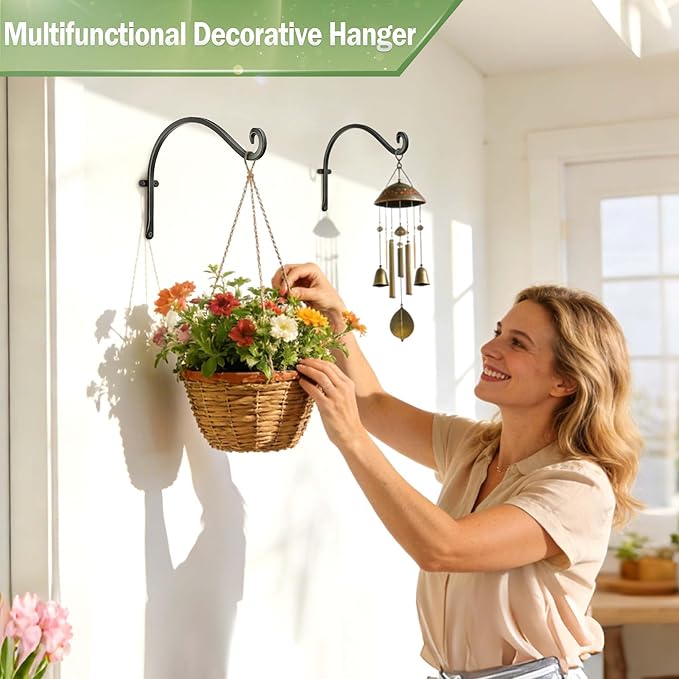 AJART Hanging Plant Hanger Outdoor: 12-Inch Metal Bird Feeder Wall Hooks - 4 Pieces Black Plant Bracket Hook for Hanging Flower Baskets