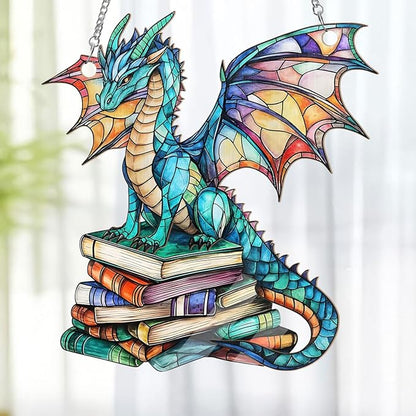 Jesuspirit - Window Hanging Suncatcher – Crystal Clear Acrylic & Wood Sun Catcher for Home Decor, for Women (Stained Glass Book Dragon, 8 Inches)