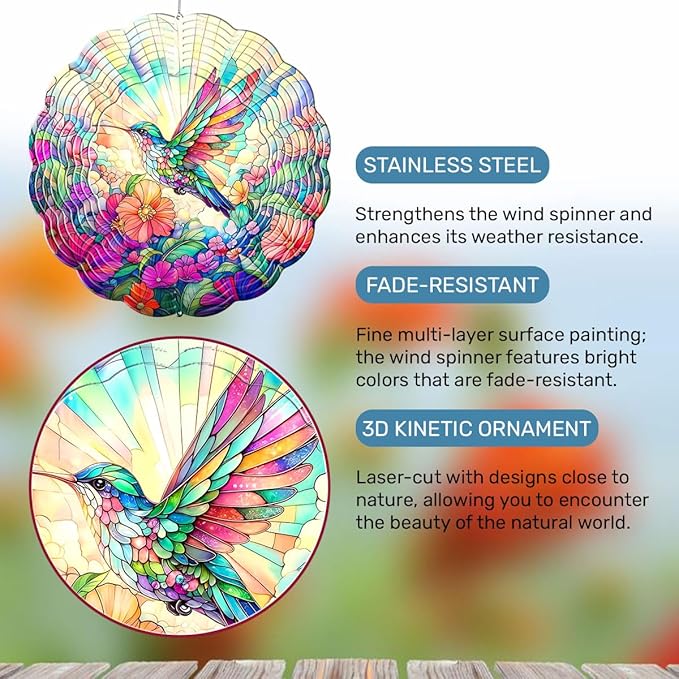 GENANY Hummingbird Hanging Wind Spinners for Women Men, 12 Inch Metal 3D, Stainless Steel Hanging Wind Catchers Sculpture for Outside, Outdoor Spring Decoration, Unique Gift