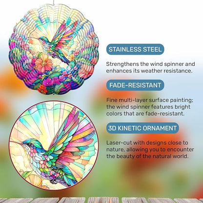 GENANY Hummingbird Hanging Wind Spinners for Women Men, 12 Inch Metal 3D, Stainless Steel Hanging Wind Catchers Sculpture for Outside, Outdoor Spring Decoration, Unique Gift