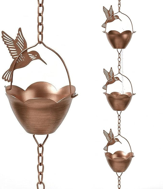 DUSVALLY 8.5 FT Rain Chains Decorative Iron Chain Bell with 12 Bird Rain Collector Cups Garden Decorative,8-1/2 Length