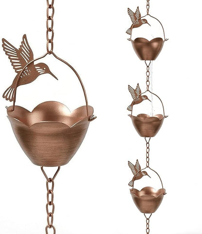 Topadorn 7.85 FT Rain Chains Decorative Iron Gutter Chain with 12 Rain Collector Cups with Hummingbird Petal Iron Flower Cups Garden Decorative