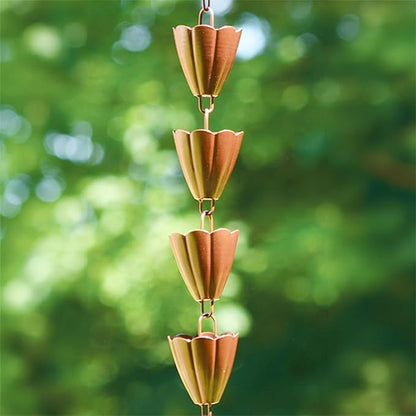 BestNest Ancient Graffiti Scalloped Rain Chain, Browned Copper Finish, Decorative Steel Rainwater Guide for Downspouts, Fluted Cup Chain with Adjustable Length for Gutters & Garden Waterflow