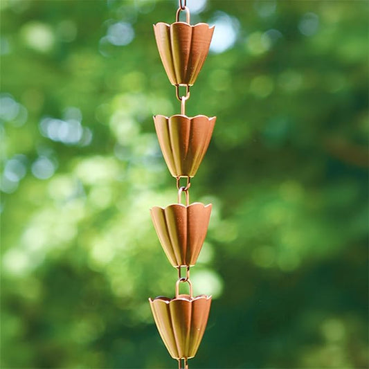 BestNest Ancient Graffiti Scalloped Rain Chain, Browned Copper Finish, Decorative Steel Rainwater Guide for Downspouts, Fluted Cup Chain with Adjustable Length for Gutters & Garden Waterflow