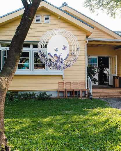 Stainless Steel Wind Spinner for Yard Garden Decoration, Blue Purple Bird Flower Floral Butterfly Round Wind Sculpture Spinner 3D Crafts Hanging Ornaments for Indoor Outdoor, 8 Inch