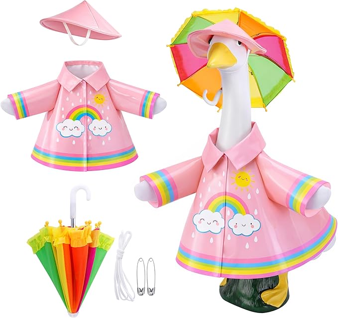 DECOHS 3 Pcs/Set Raincoat Porch Goose Outfits, Summer Lawn Goose Statue Raincoat Costume, Yard Goose Clothes Raincoats Umbrella Hat Outfit for 23" Statue Patio Garden Decoration (Pink Rainbow)
