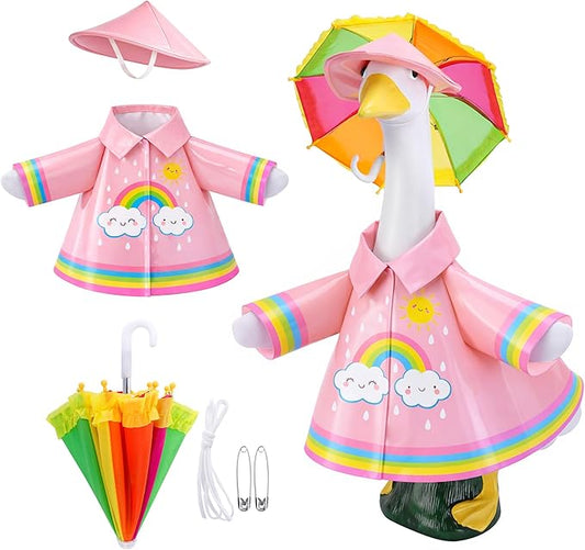 DECOHS 3 Pcs/Set Raincoat Porch Goose Outfits, Summer Lawn Goose Statue Raincoat Costume, Yard Goose Clothes Raincoats Umbrella Hat Outfit for 23" Statue Patio Garden Decoration (Pink Rainbow)