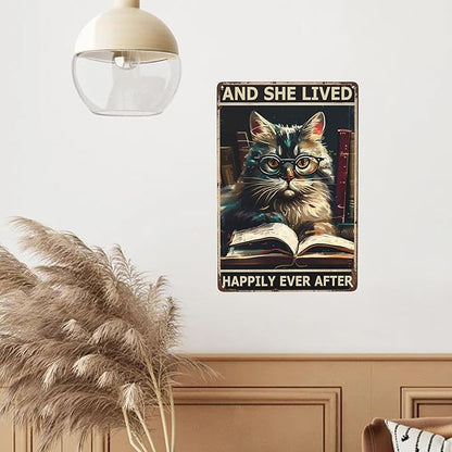 Vintage Metal & Tin Signs for Retro Boho, Hippie & Library Decor with Cat, Glasses & Garden Plaques - Perfect Wall Art for Home Office, Bathroom or Yard - 12x8 Chalkboard Style Prints