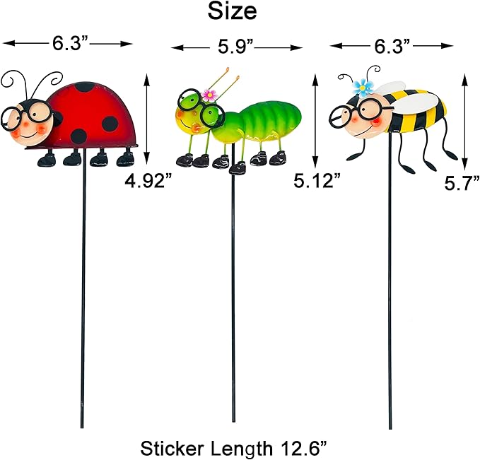 Metal Garden Stakes Set of 3, Hand Painted Insect Yard Art, Ladybug Bee Caterpillar Outdoor Decor, Colorful 3D Lawn Ornaments, Floor Mount Patio Decoration
