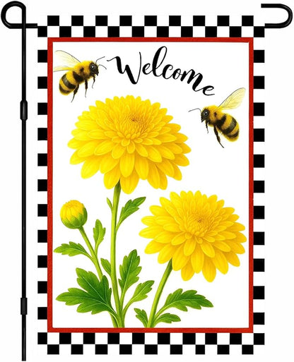 IVN Welcome Garden Flag 12x18 Inch Double Sided Spring Summer Garden Yard Flags Yellow Chrysanthemum Flowers Bees Decorative Small Flags for Outdoor Seasonal Front Door Lawn Porch Patio Decor Yard Flag