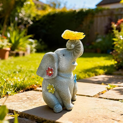 Lucky Elephant Garden Statue with Solar Butterfly Light - Prosperity Figurine with Rustic Finish & Colorful Accents - Waterproof Outdoor Decor for Home Entrance & Patio