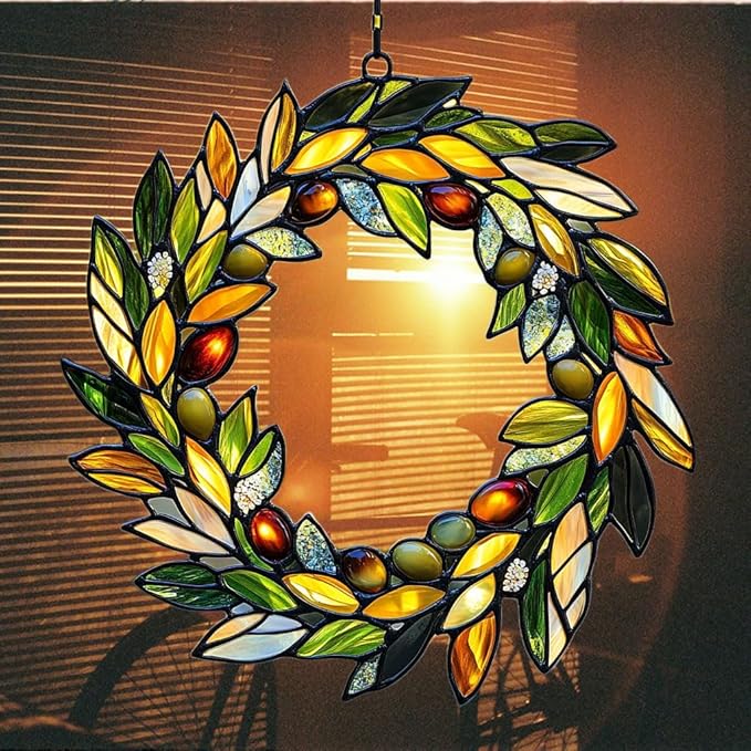 Mistletoe Wreath Acrylic Suncatcher Stained Glass Effect Window Car Hanging Christmas Ornament Indoor Outdoor Decor Garden Sun Catcher Panel for Christmas Lover for Women Mom Grandma