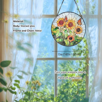 Sunflower Stained Glass Window Hanging Suncatcher, Round Floral Panel with Butterfly, Colourful Window Decor for Home Garden Conservatory Wall, Nature Lover Gift for Mum Grandma