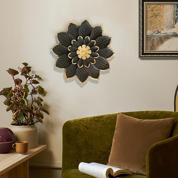 LIFFY 9.2“ Black and Gold Metal Flower Wall Art, Modern Rustic Floral Decor for Indoor Living Room Bedroom Office Outdoor Garden Patio Yard