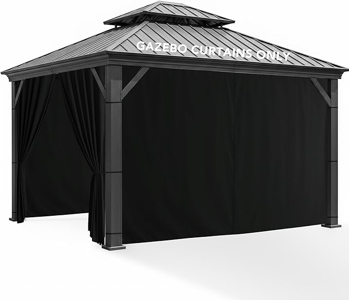 Patio Curtains Outdoor Waterproof - 10'Wx12'Lx7'H Weatherproof Pergola Outside Curtains, Gazebo Universal Replacement Privacy Curtains, 4 Panels Sidewall Drapes with Zipper, Black
