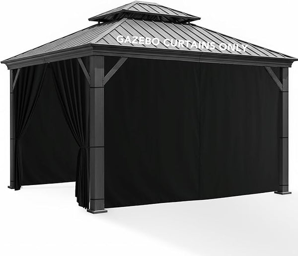 Patio Curtains Outdoor Waterproof - 10'Wx12'Lx7'H Weatherproof Pergola Outside Curtains, Gazebo Universal Replacement Privacy Curtains, 4 Panels Sidewall Drapes with Zipper, Black