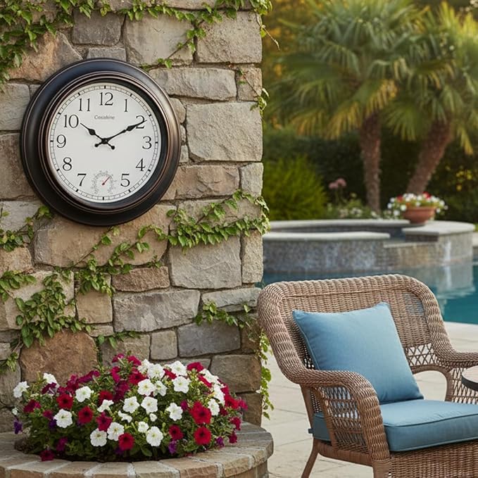 Crosstime Large Outdoor Clock Waterproof 18" - Retro Indoor Outdoor Wall Clocks with Thermometer for Patio Pool Garden Living Room Decor,Bronze