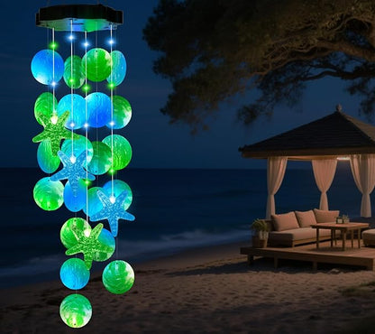 Solar Starfish Wind Chimes for Outside Mobile Shells Wind Chimes Hanging Decorative Lights for Holiday Garden Porch Yard Window Party Outdoor Decor, Gift for Mom Grandma Wife Girlfriend Neighbors