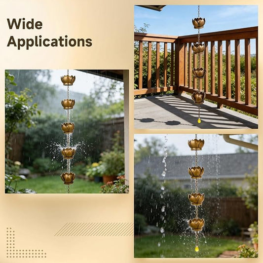 3.9 Ft Rain Chain With 5 Lotus Cups, Yellow Crystal Pendant, Gutter Downspout Replacement For Outdoor Decoration