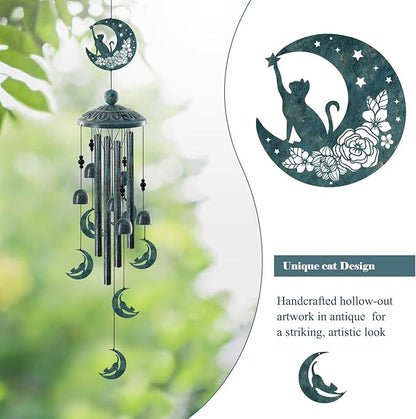 Cat on the Moon Wind Chimes for Outside - 35" Large Metal Windchime with 6 Cat Charms & 4 Tuned Aluminum Tubes - Memorial Pet Sympathy Gift, Verdigris Bronze Garden Decor for Yard, Porch, Patio
