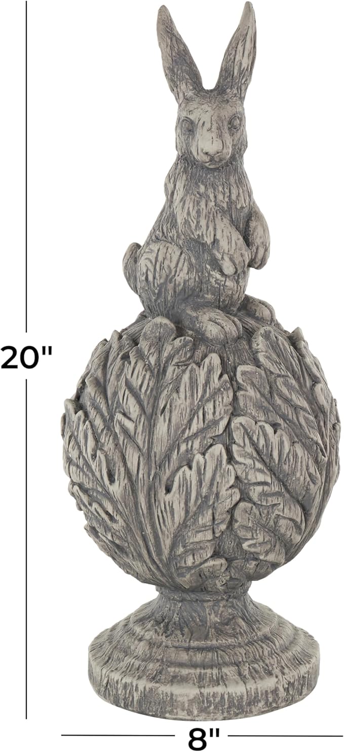 Deco 79 Polystone Rabbit Textured Sculpture with Leaf Covered Round Base, 8" x 8" x 20", Gray