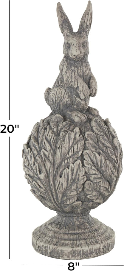 Deco 79 Polystone Rabbit Textured Sculpture with Leaf Covered Round Base, 8" x 8" x 20", Gray