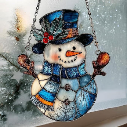 Snowman Cute Mistletoe Winter Scarf Acrylic Suncatcher Stained Glass Effect Window Car Hanging Christmas Ornament Indoor Outdoor Decor Garden Sun Catcher Panel for Women Mom Grandma