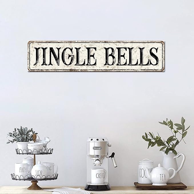 Madcolitote Ancient Retro Jingle Bells Wood Sign Jingle Bells Custom Street Sign Rustic Wooden Wall Art Farmhouse Wall Decor Kitchen Home Decor Signs Wall Hanging Sign Housewarming Gift 4x18in
