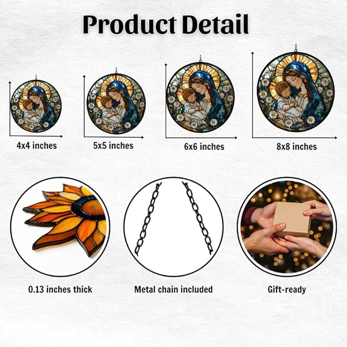 Virgin Mary Acrylic Suncatcher Stained Glass Effect Window Car Hanging Christmas Ornament Indoor Outdoor Decor Garden Memorial Sun Catcher for Family Christmas Jesus Gift for Women Mom Grandma