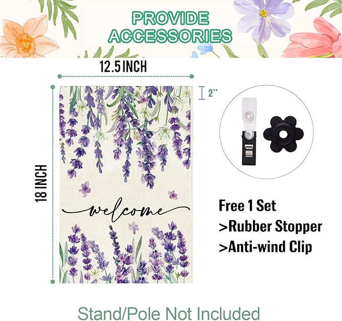 Baccessor Spring Summer Welcome Floral Garden Flag 12.5 x 18 Inch Double Sided Burlap Lavender Purple Flower Farmhouse Easter Small Yard Flag Holiday Seasonal Outdoor Outside Decoration