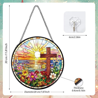 Rngmsi Cross Flower Stained Glass Window Hanging Gift, 7.8″ Sun Catchers Indoor Window Decor, Decorative Suncatchers Home Garden Art Religious Gift for Thanksgiving Christmas Housewarming