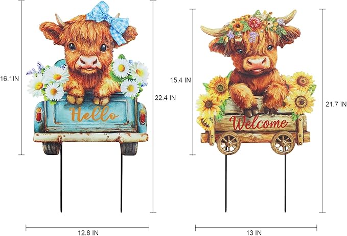 hogardeck Garden Decor for Outside, Set of 2 Metal Highland Cow Decorative Garden Stakes with Sunflower for Yard Decor, Welcome Sign Yard Art for Outdoor Lawn Porch Backyard Spring Decorations